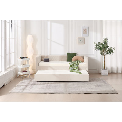 Lit de jour simple rembourré avec lit gigogne, port USB, poches latérales, dossier à profil en V moderne, aucun sommier nécessaire, pour chambre à coucher, chambre d'amis (beige, simple)