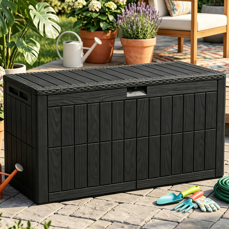 Coffre de jardin verrouillable en résine résistante à l'eau, d'une capacité de 100 gallons (environ 378 litres), idéal pour ranger coussins de terrasse, jouets de piscine et outils de jardin.