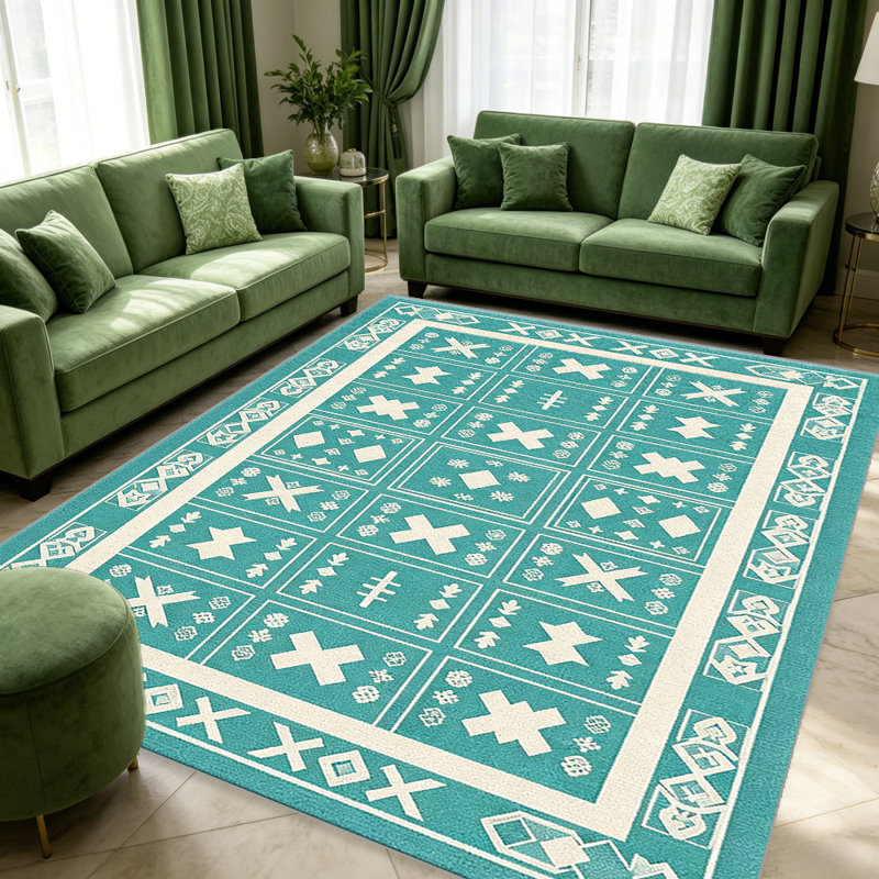 Teal Grid Patch Rug carpet-easy to clean, machine-washable, soft and comfortable; suitable for door mats, kitchens, living rooms, bedrooms, corridors, and laundry areas. Easy to clean, durable carpet for home decoration.