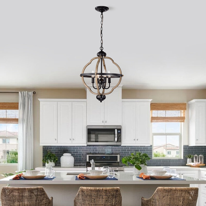 Tiverton 4 - Light Dimmable Lantern Geometric Chandelier, Antique Wood