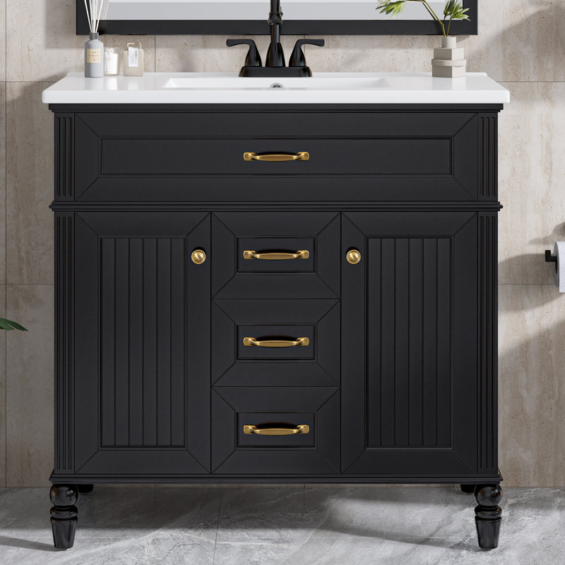 Van Meuble-lavabo noir 36 po】 - Combinaison de lavabo en céramique, tiroir supérieur rabattable, portes à fermeture en douceur et 2 tiroirs de rangement - Cadre en bois massif et en bois aggloméré, poignées dorées