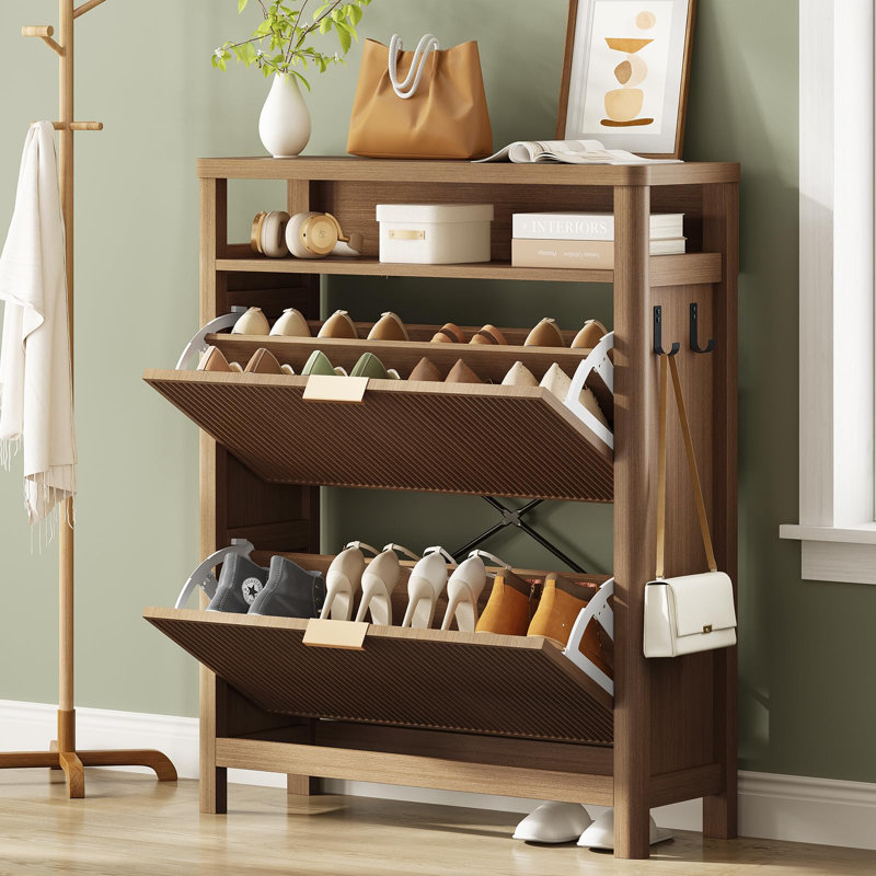 16 Pair Shoe Storage Cabinet with 2 Flip Drawers Open Cubby and Adjustable Shelves & Side Hooks Entryway, Brown Wood