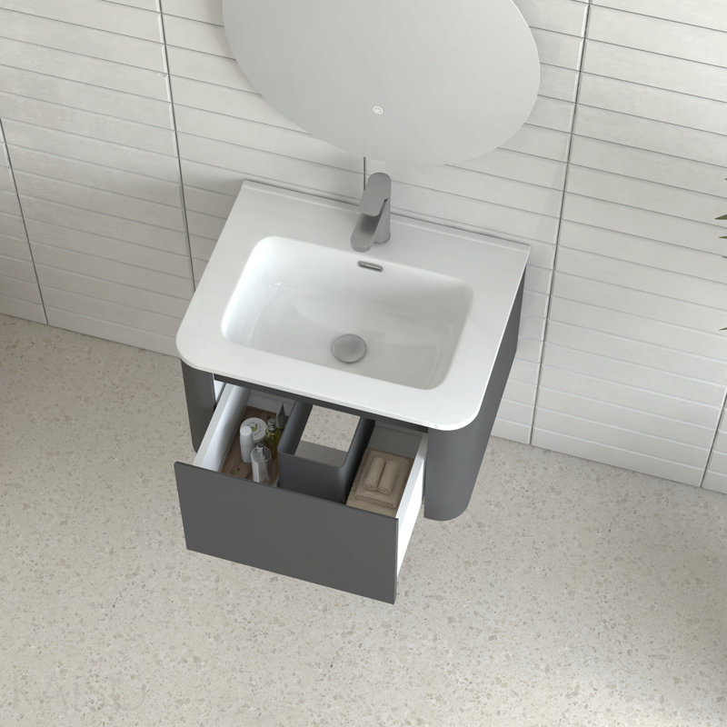 Armoire de salle de bain murale 24 po avec lavabo flottant mural et tiroir en céramique blanche