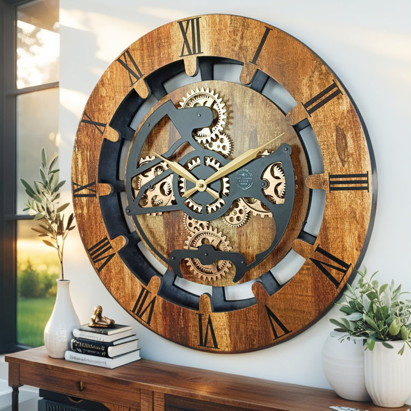 Horloge murale ronde surdimensionnée de 24 po pour le salon avec la collection Real Gear Gears Canada, Brun rétro