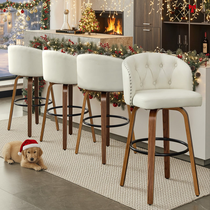 Swivel Bar Stool With Curved Wood Legs, Upholstered Tufted Back, And Nailhead Trim, White, Bar Stool (28.2" Seat Height)