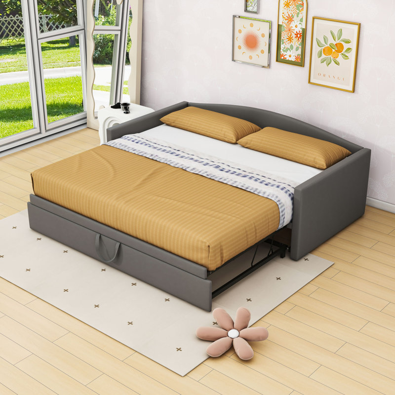 Twin Upholstered Daybed with Pop Up Trundle, Gray