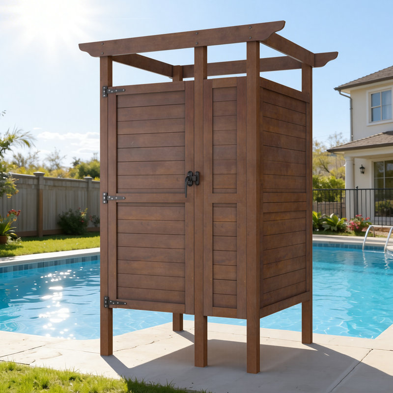 Ensemble de douche extérieure H 6,87 pi x l 3,3 pi avec porte, ensemble de douche d'extérieur brun pour douche de piscine, vestiaire extérieur, douche de plage