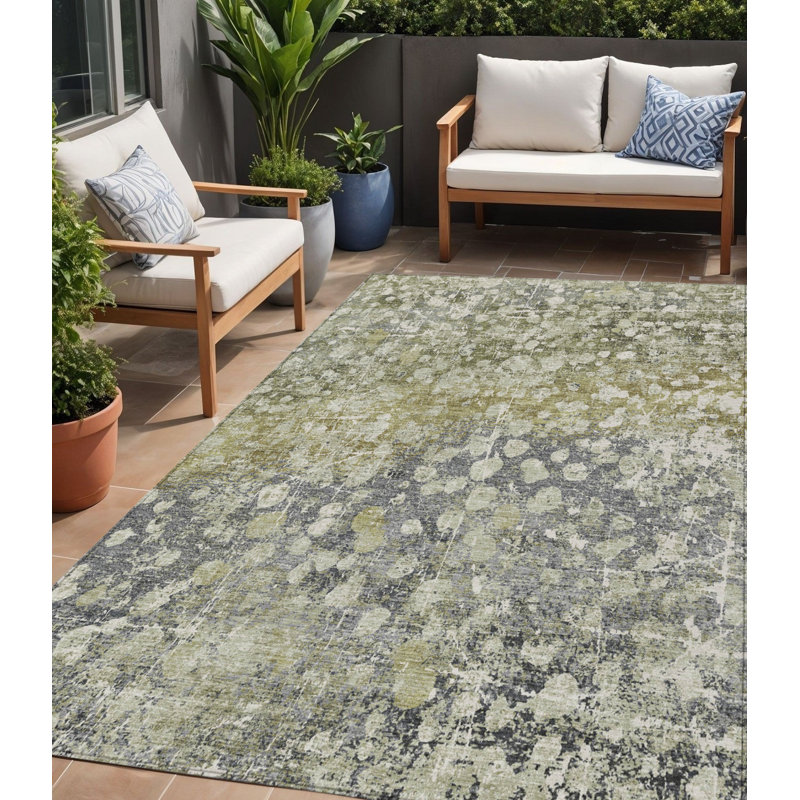 5' X 8' Olive Green And Grey Abstract Washable Indoor Outdoor Area Rug
