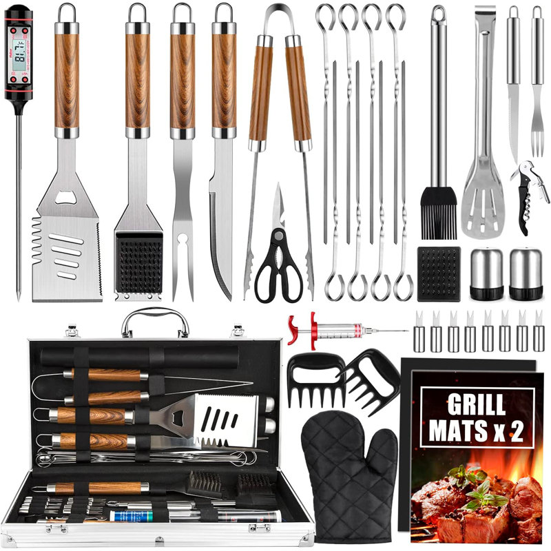 Dishwasher Safe Grilling Tool Set, Silver/Brown