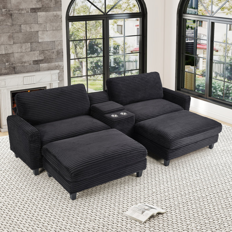 Causeuse modulaire rembourrée en velours côtelé avec repose-pieds, console centrale et porte-gobelets de 112,5 po de largeur