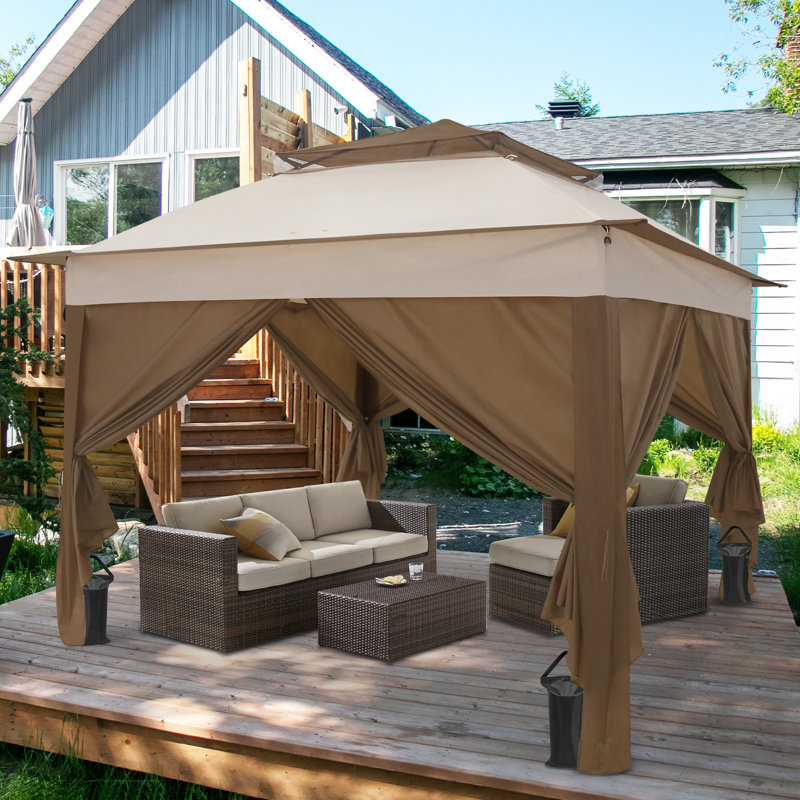 11 pi. L 11 pi. D Pavillon de jardin instantané en acier avec mur uni, Brun, Beige