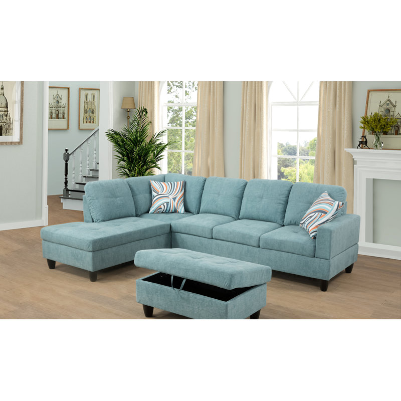 Gennep Upholstered L-Shaped Sectional, Sky Green Linen Blend, Left Hand Facing