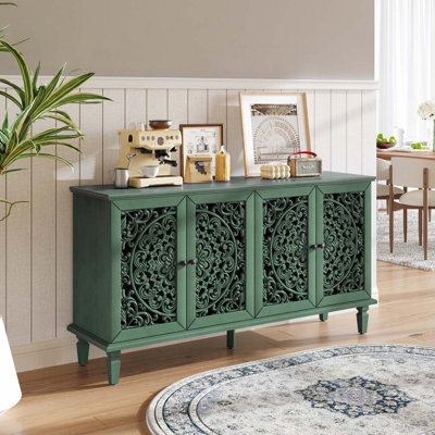 Storage Console Table with  Cabinet with Floral Carvings with Solid Wood Legs