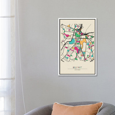 Belfast, United Kingdom Map by Ayse Deniz Akerman - Floater Frame Print on Canvas