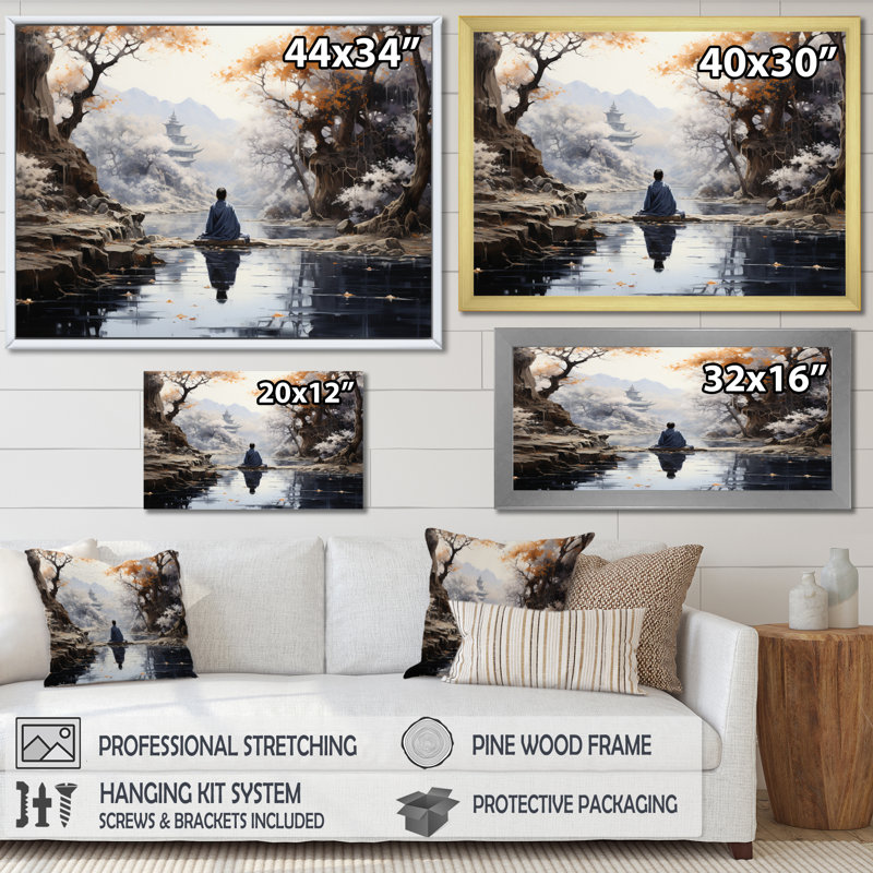 «Gray Buddhism Enlightened Path II», reproduction d'art sur toile, Cadre doré simple, H 24 po x l 32 po x P 1 po