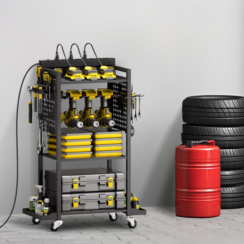 4-tier Tool Organizer Cart with Charging Station Garage Cart on Wheels