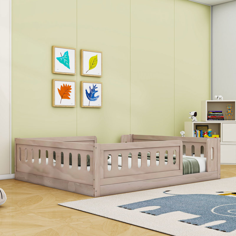 Lit plateforme double en bois avec garde-corps, Naturel
