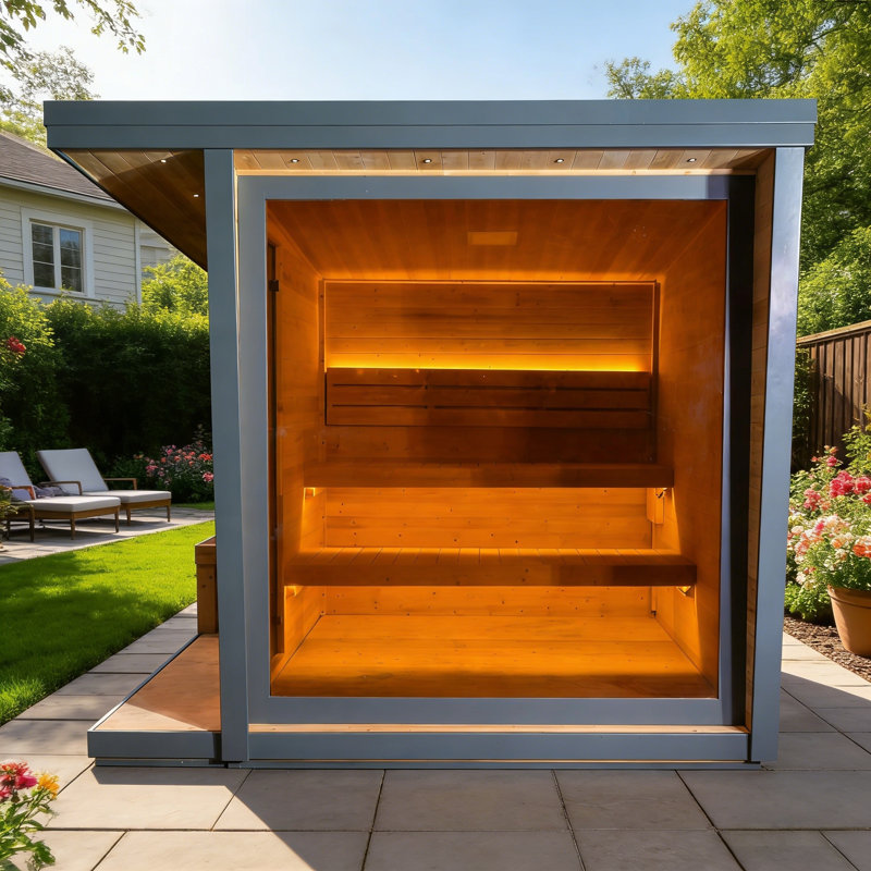 6 Person Outdoor Square Sauna, Carbonized Spruce Wood, 9Kw Sauna Stove, Tempered Glass Door, Aluminum Frame