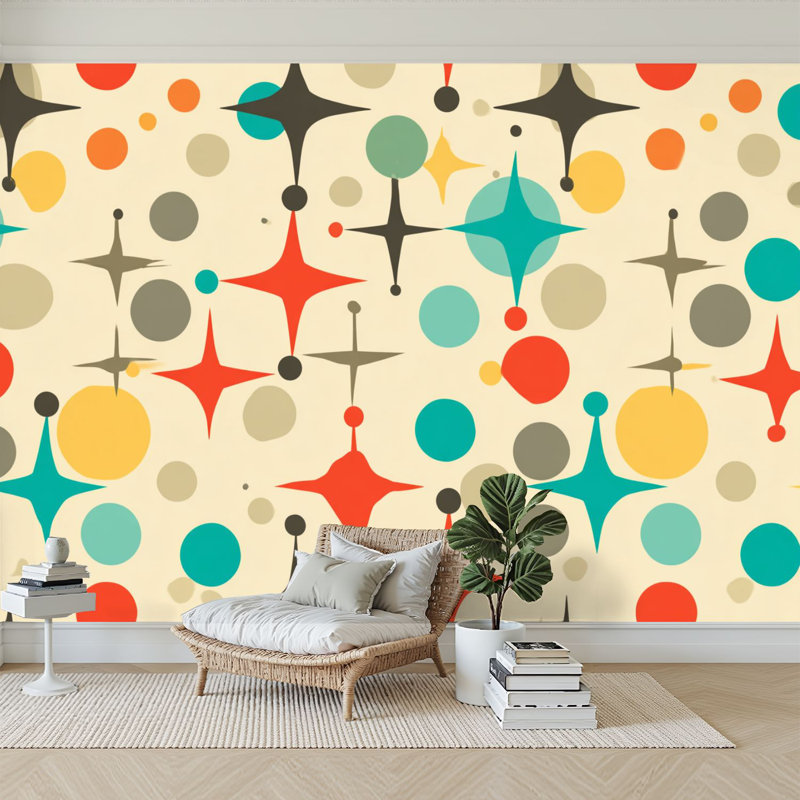 Peel and Stick Wallpaper 96" W x 69" H Modern Self Adhesive Wall Mural for Bedroom Mid century fifties modern atomic retro colors seamless Part