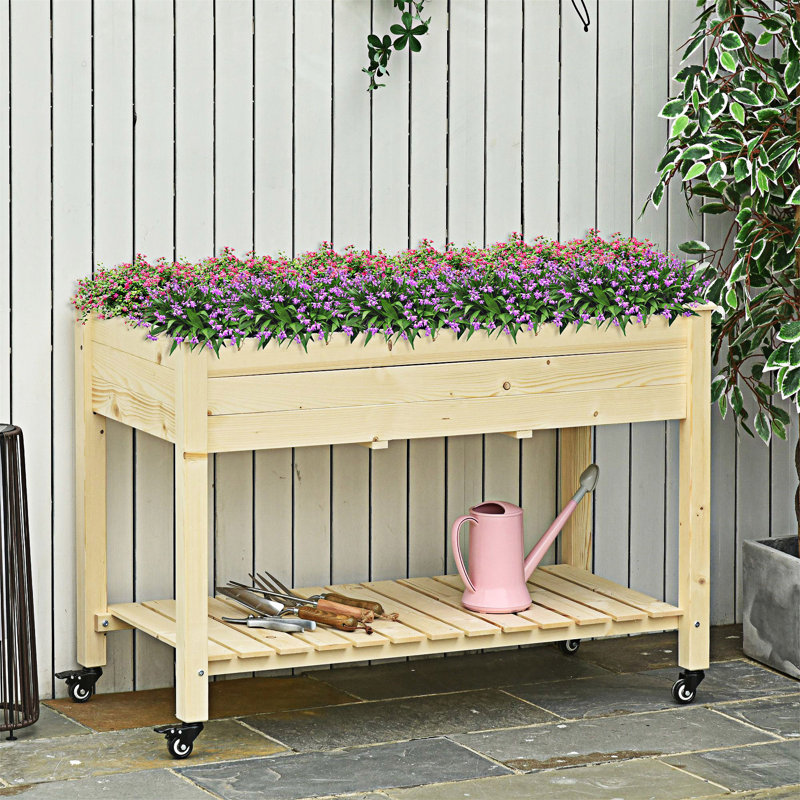 Raised Garden Bed Elevated Wooden Planter Box With Lockable Wheels, Natural