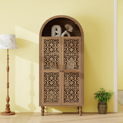 Arched Storage Cabinet With Symmetric Carved Doors, Adjustable Shelves & Magnetic Closure – Perfect For Living Room, Kitchen, Dining & Study