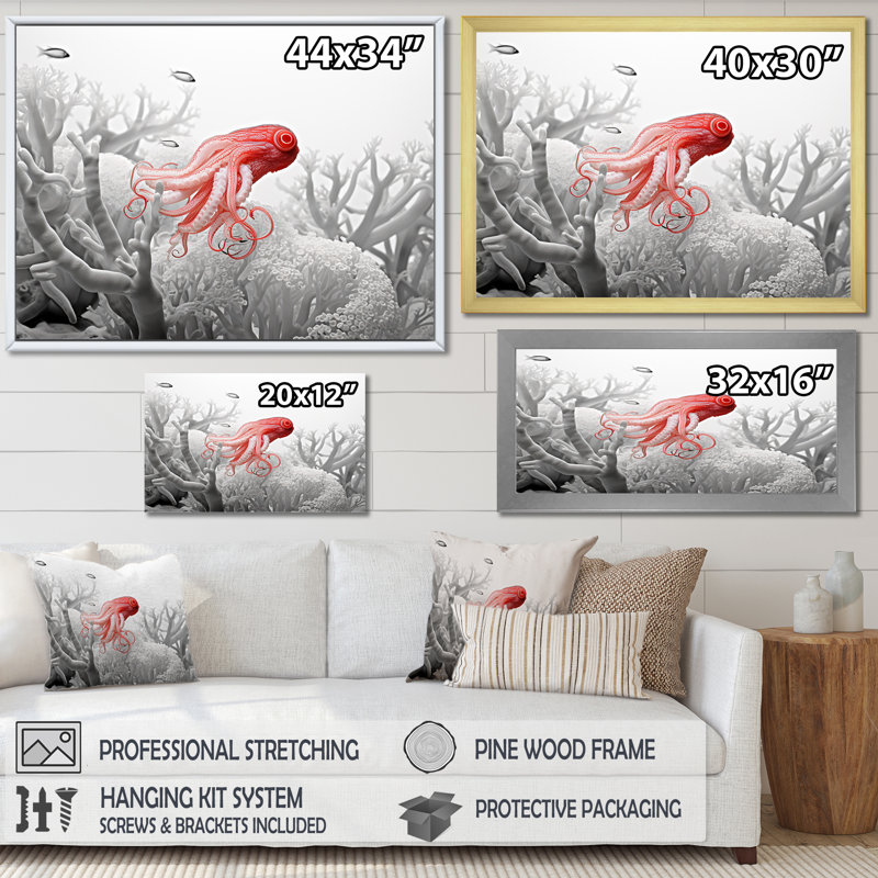 Impression sur toile monochrome, corail et pieuvre grise, Toile tendue, H 16 po x l 32 po x P 1 po
