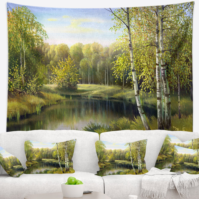 Paysage calme tapisserie de la rivière d'automne, H 32 po x l 39 po