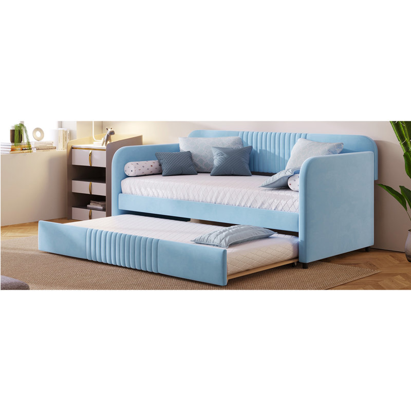 Upholstered Daybed Sofa Bed Twin Size With Trundle Bed and Wood Slat, Light Blue