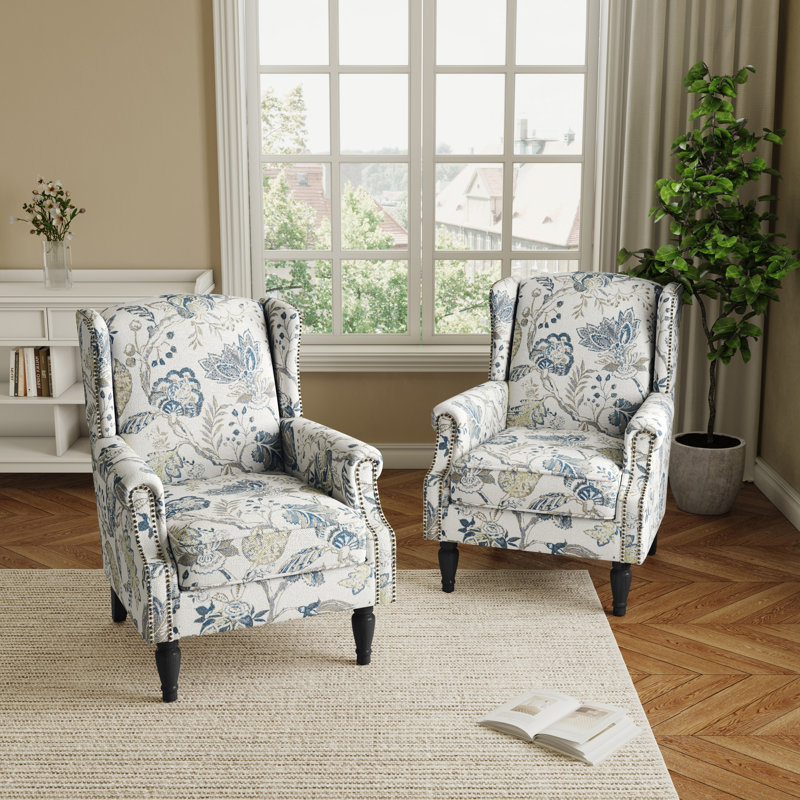 Duward Plants Blue Floral Upholstered Wingback Accent Chair with Nailhead Trim, Plants Blue 