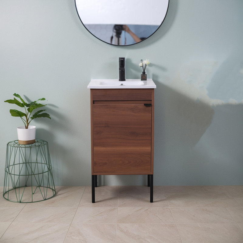 18'' White Mini Free-Standing Single Bathroom Vanity With Ceramic Pot, Noyer