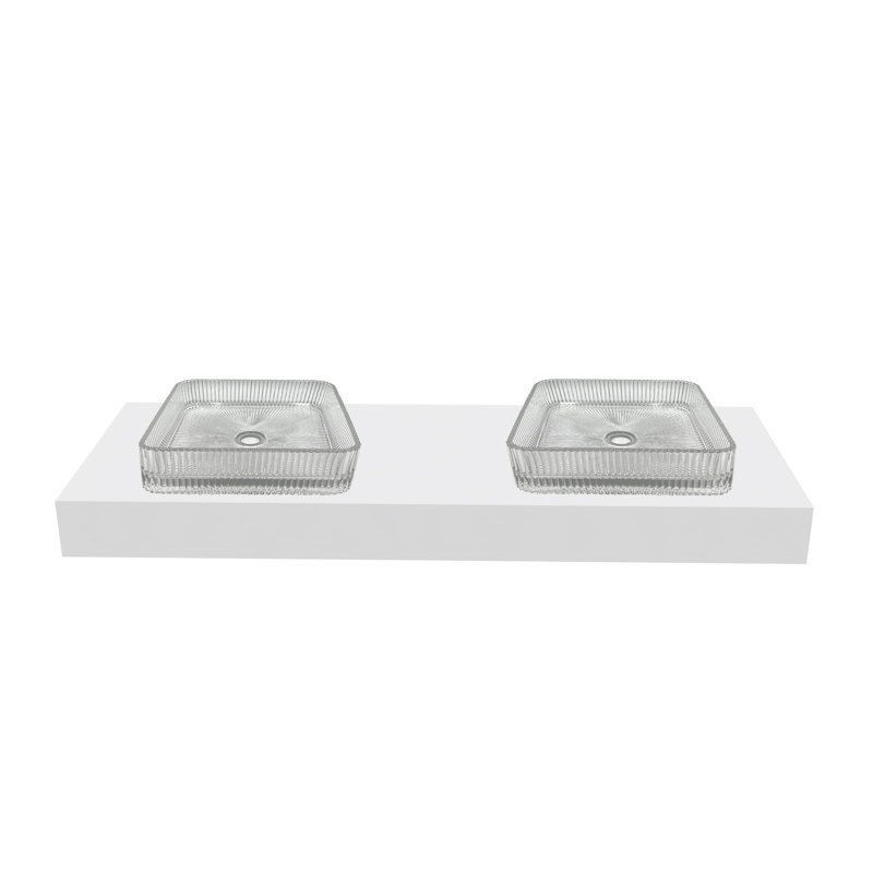 Plaza 15" Square Decorative Crystal Black Vessel Sinks With 60" White Base, Clear