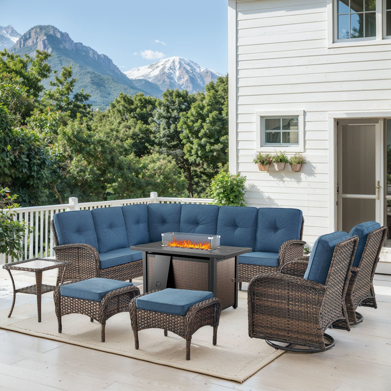 Ensemble de conversation d'extérieur pour 7 personnes avec coussins et table de foyer Serita, Bleu