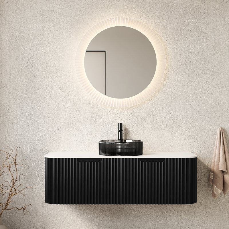 Meuble-lavabo mural de 48 po avec lavabo en verre noir transparent, rangement à 2 tiroirs avec rayures françaises de style français, système de fermeture en douceur, contreplaqué haute résistance de 18 mm d'épaisseur, pré-assemblé et