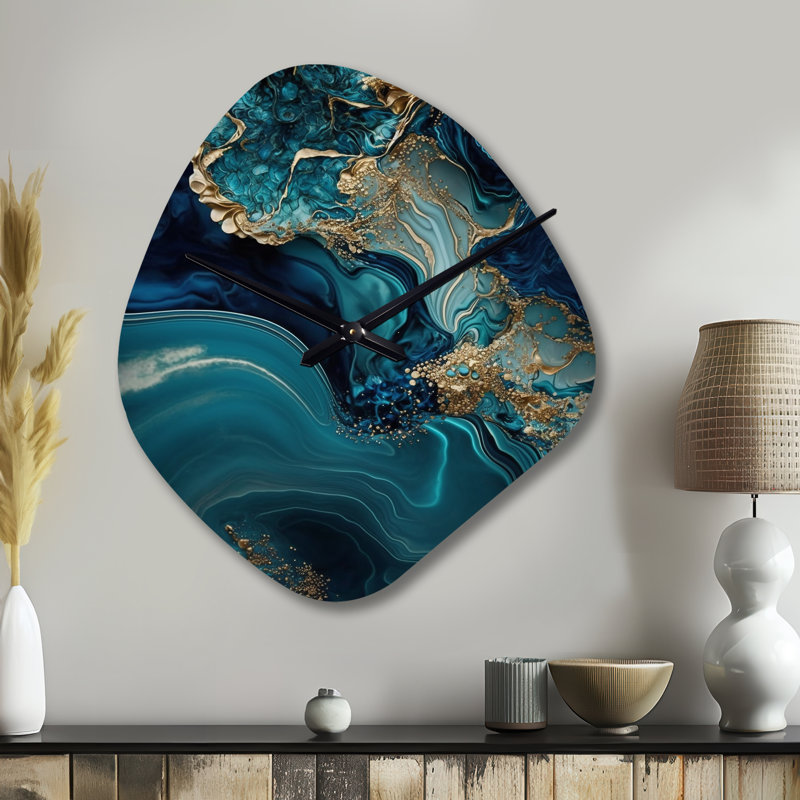 «Abstract Geode Turquoise I», horloge murale en métal à forme unique, impression asymétrique turquoise, Grand