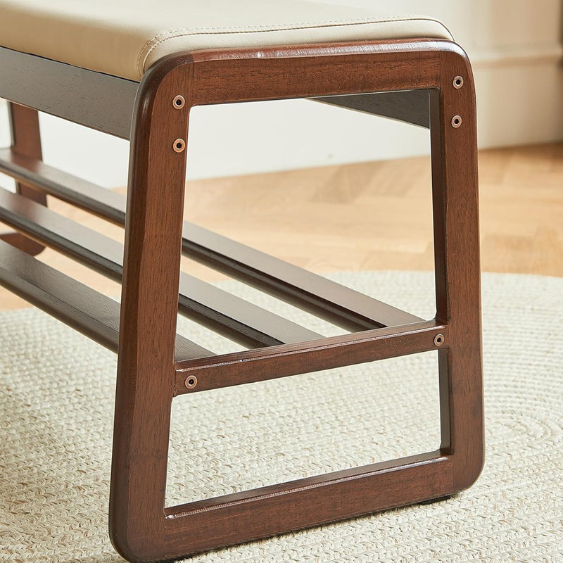 2-tier Solid Wood Shoe Bench – Mid-century Modern Entryway Storage Bench With Faux Leather Cushion, Ottoman For Hallway & Living Room