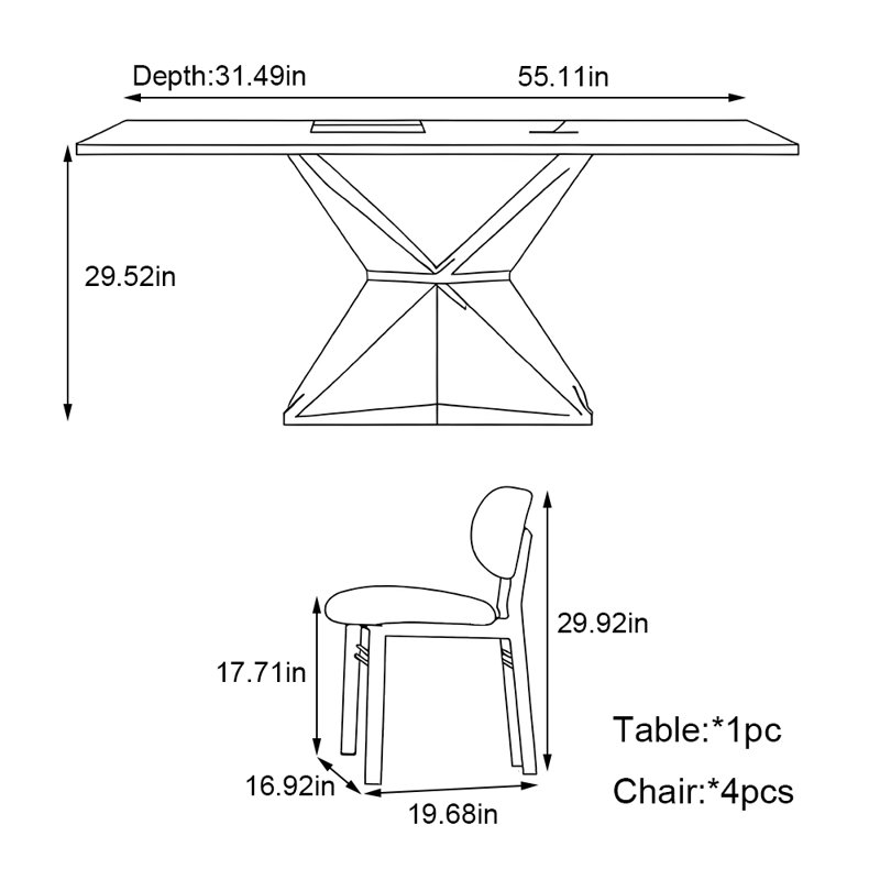 Ensemble de table de salle à manger Vintage, H 29,52 po x L 55,11 po x l 31,49 po