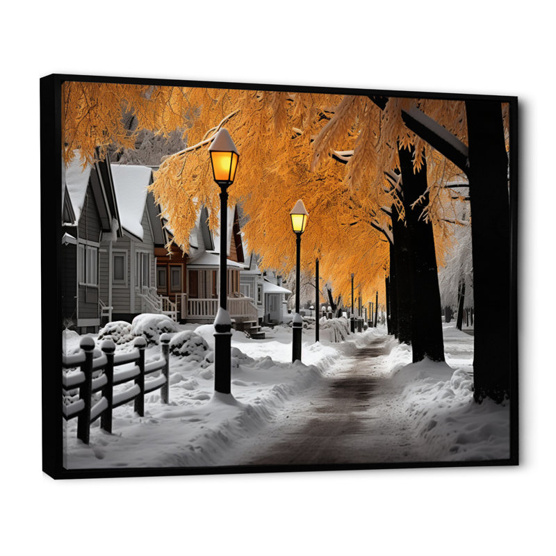 Monochromes d'hiver Street Charm I - paysages, art mural sur toile, Cadre flottant noir, H 12 po x l 20 po