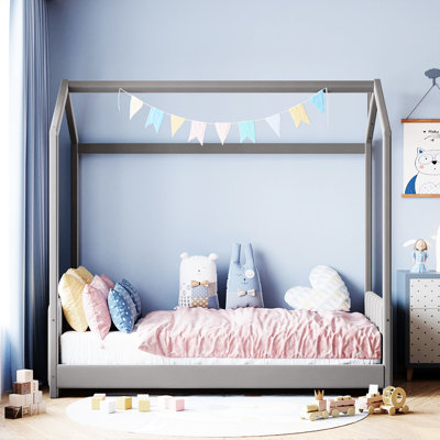 Lit simple en velours gris avec tête de lit et toit contemporains, espace sécuritaire pour la croissance, construction en bois de pin, L 80,3 po x l 41,2 po H 75 po, lattes incluses, jeu de sommeil paisible, semi-clos