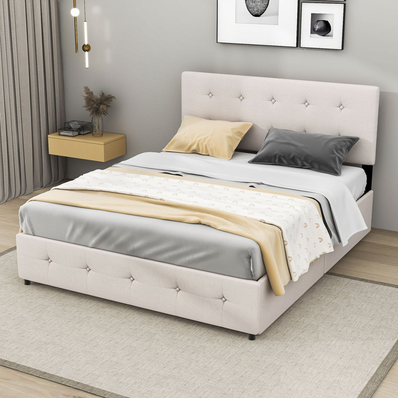 Grand lit plateforme tapissier avec rangement Daryll, Beige