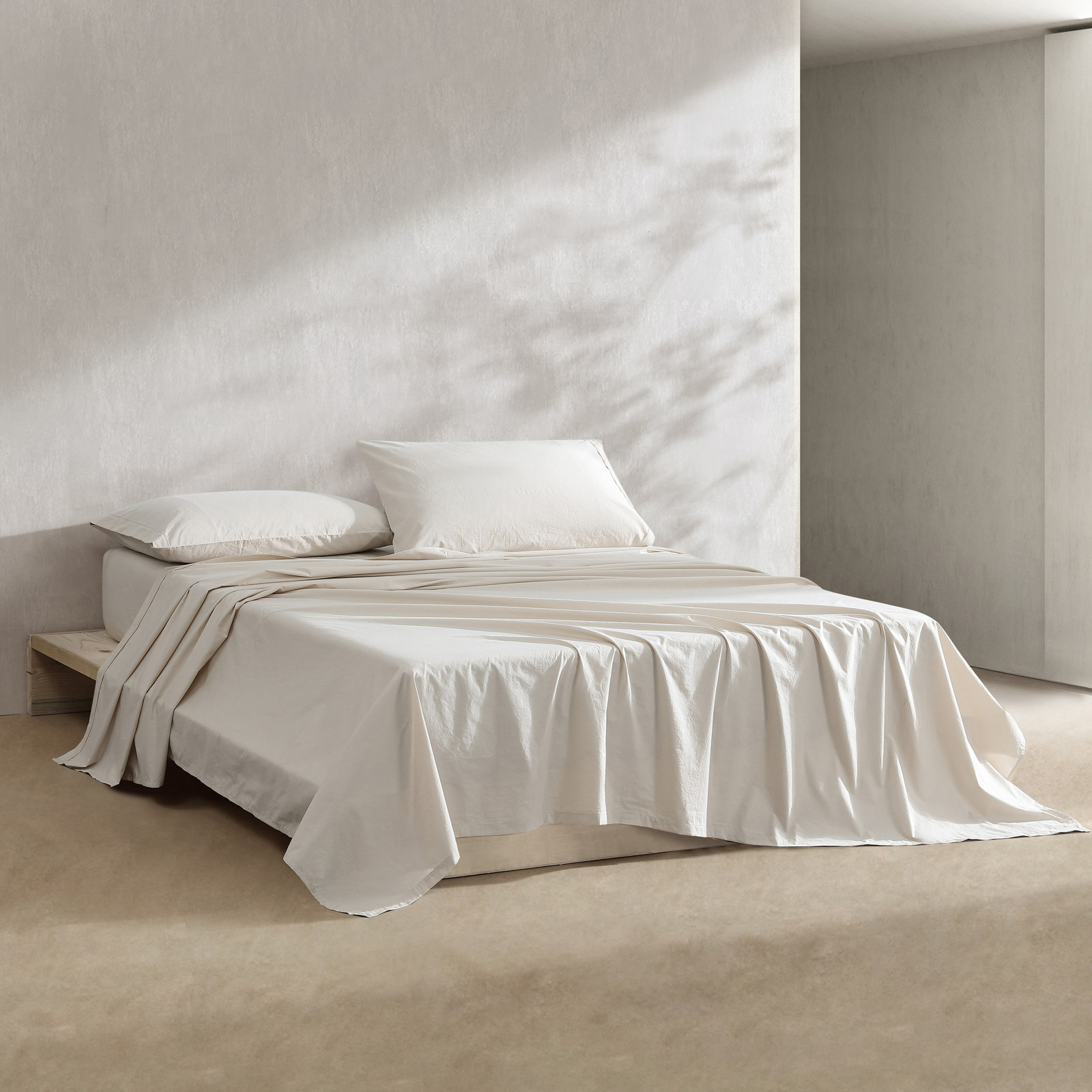Washed Percale Cotton Sheet Set, King Sheet Set with 2 Pillowcases, Light Beige