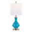 Lampe contemporaine en verre, verre saphir bleu transparent, nickel brossé et abat-jour en lin blanc