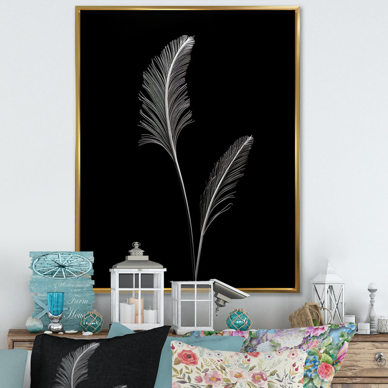 Minimalisme, fougère noire et blanche sur toile, H 20 po x l 12 po, Cadre flottant doré