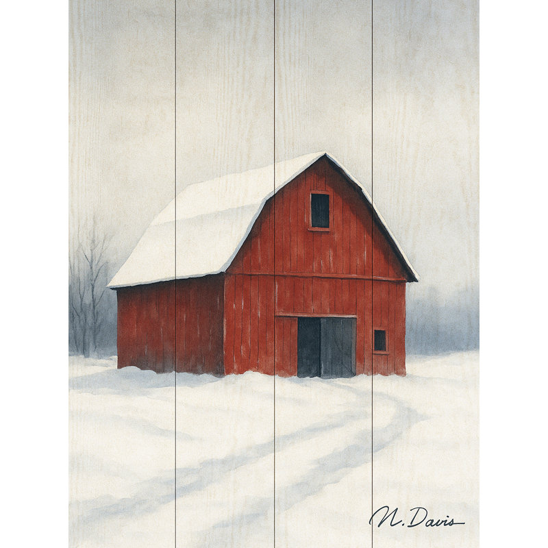 «Winter Barn Serenity - Rustic Red Barn, art sur toile, H 16 po x l 24 po