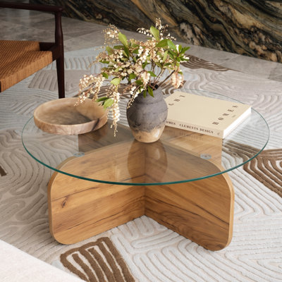Xavian 29.5" Wide Scandinavian Round Glass Coffee Table with Cross Base and Tempered Glass Top