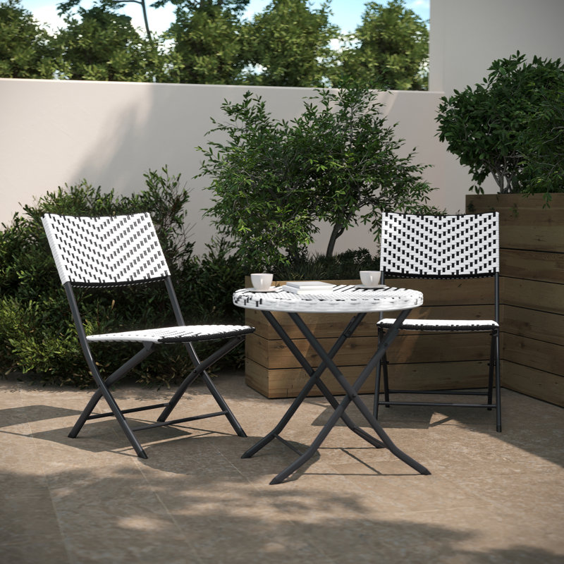 Three Piece Folding Set in PE Rattan with Metal Frames for Indoor and Outdoor Use, Black/White