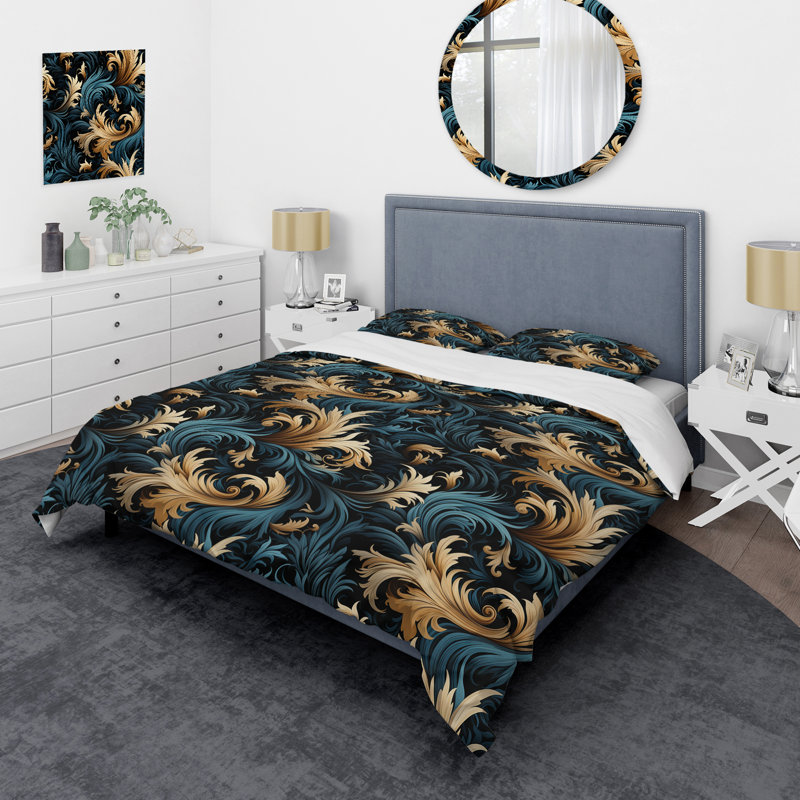 Ensemble de housse de couette damassé noire et dorée, Housse de couette pour très grand lit et 2 très