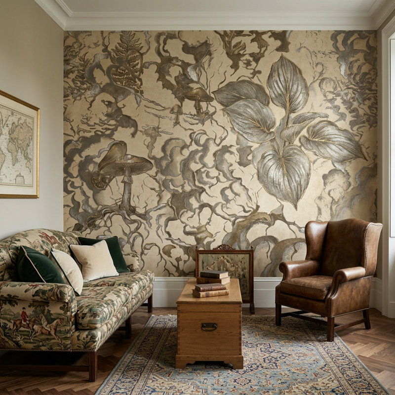 Botanical Wallpaper Vintage Parchment Organic Marbling Removable Wall Decor, 120"x96", Peel and Stick