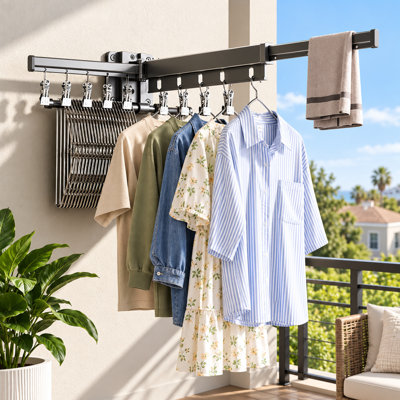 Retractable Wall Mounted Clothes Drying Rack,Laundry Drying Rack,Clothes Rack With Windproof Holes And Clips Gray