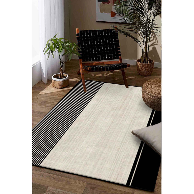 Himanshee Black Striped Digital Print Cotton Polyester Non-Slip Area Rug, Tapis de couloir 2 pi 7 po x 16 pi 5 po