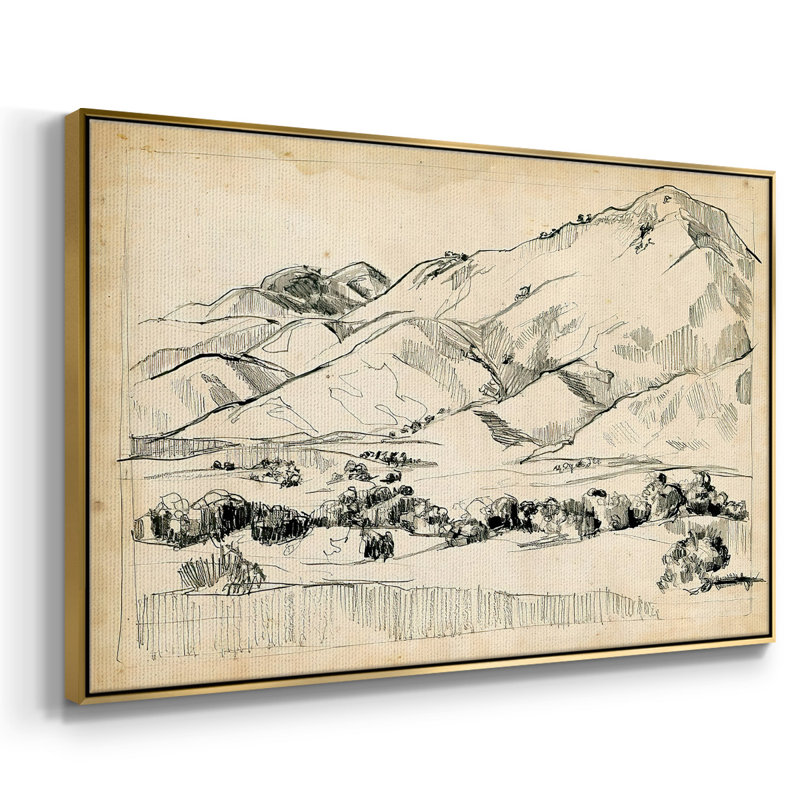 Croquis de montagne I, Pas de tapis, Toile avec cadre doré, H 25 po x l 37 po x P 2 po